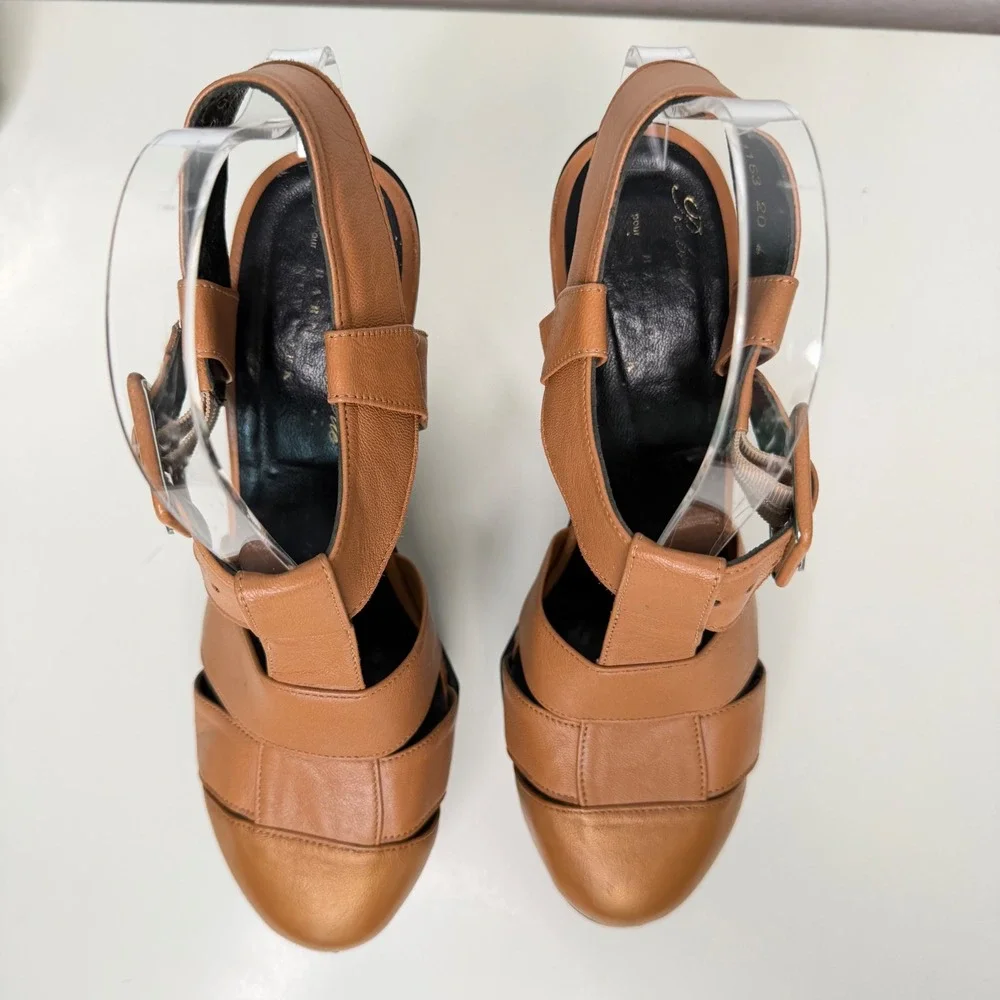 Robert Clergerie Wedge Sandals‎ Tan Leather Platform Architectural 39.5 FR/9US
